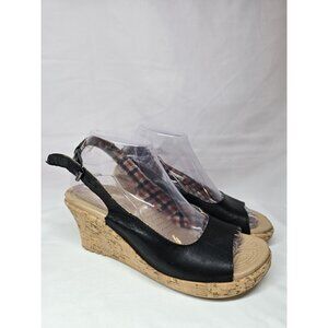 Crocs A Leigh Black Leather Cork Wedge Heel Slingback Sandal Shoes Women’s Sz 8